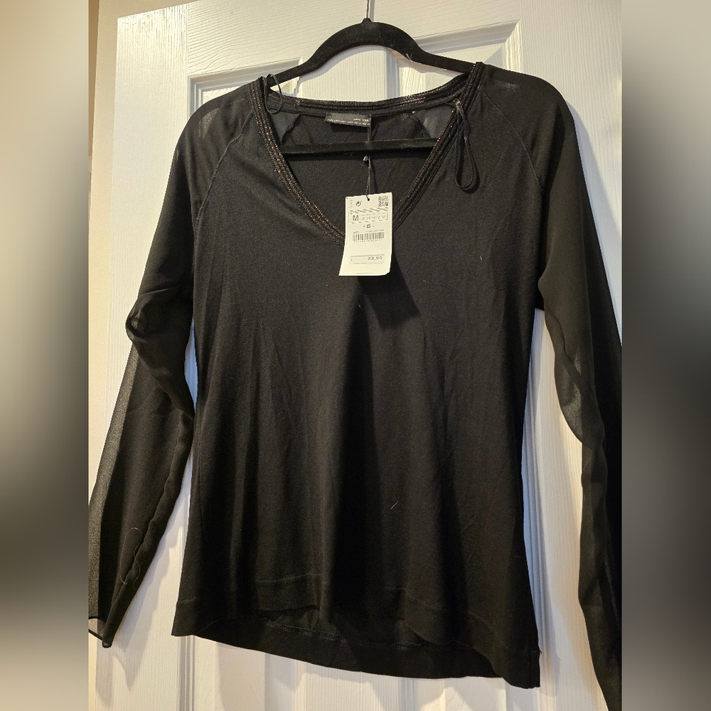 Elegant Black Women's Top With Sheer Sleeve And Sparkle Trim On Neck